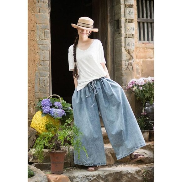 Women's Plus Size Baggy Denim Jeans Wide Leg Elastic Waist Pockets Casual - Picture 6 of 7